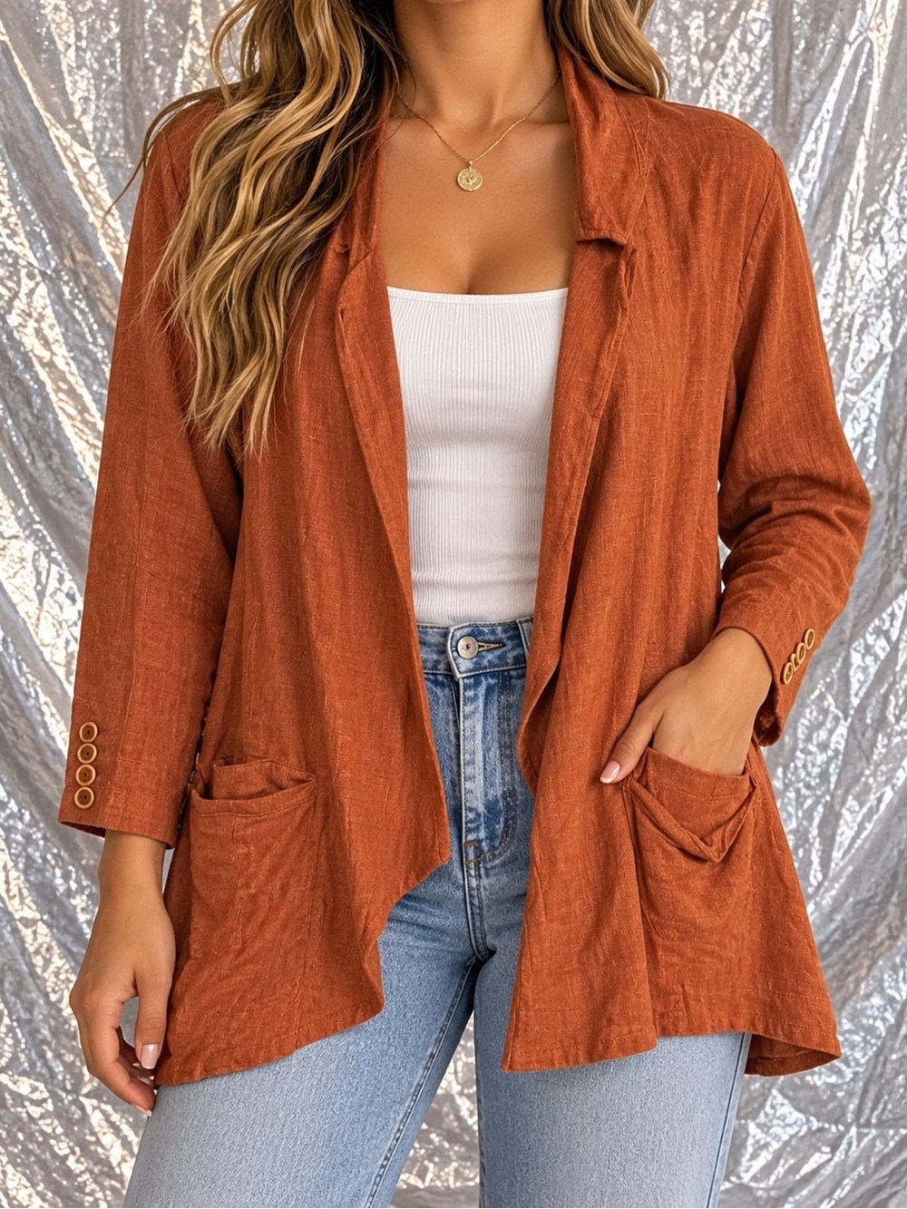 Anthropologie Womens Orange Open Front Pocket Blazer Jacket Mid-Length Size 10